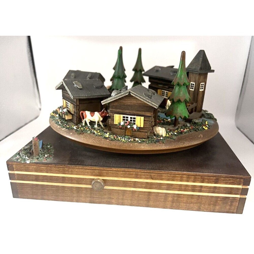 Rare Reuge Vintage Swiss Chalet Village Rotating Scene Musical Movement
